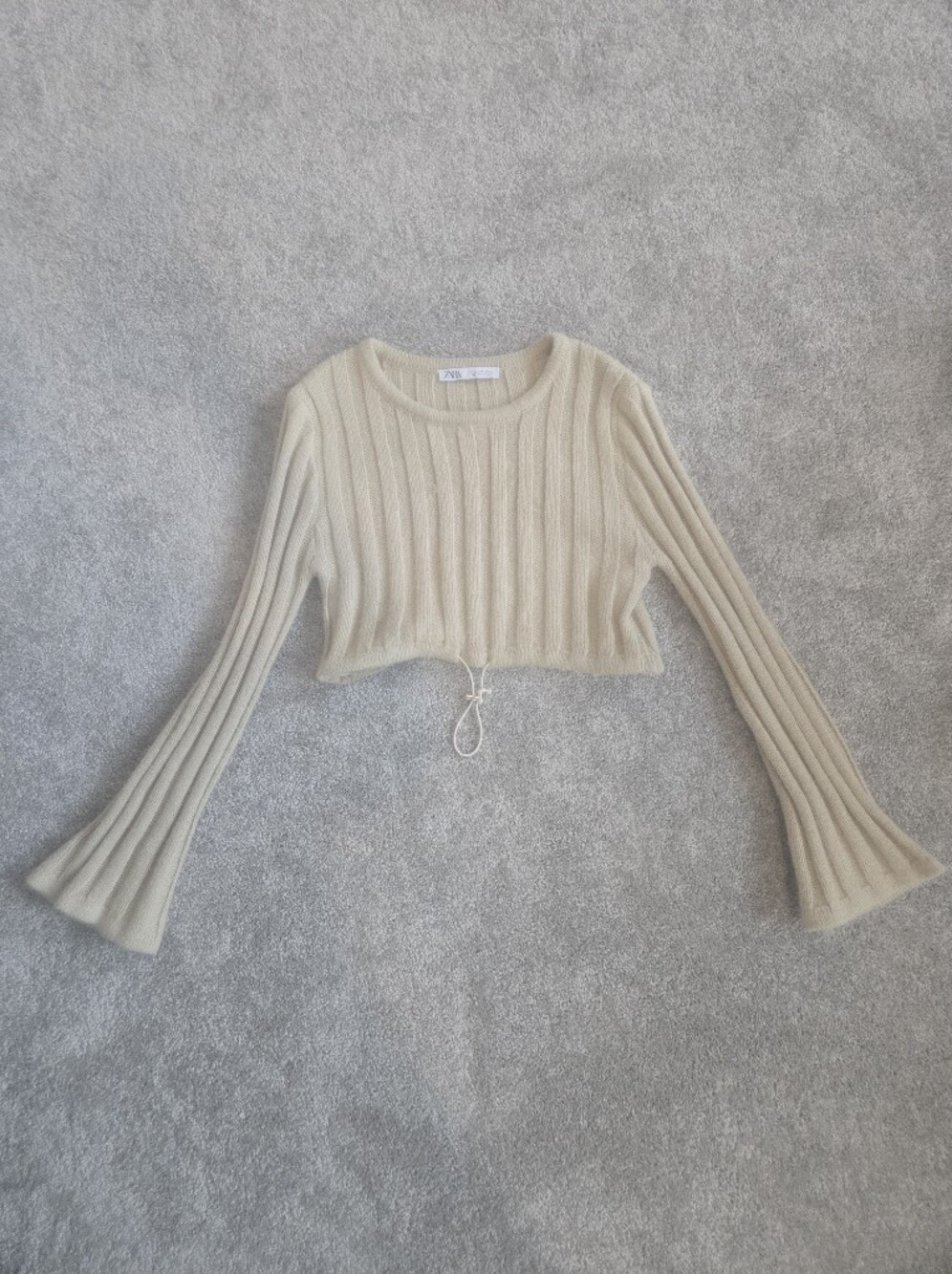 Cropped Ribbed Drawstring Sweater Top - Cream